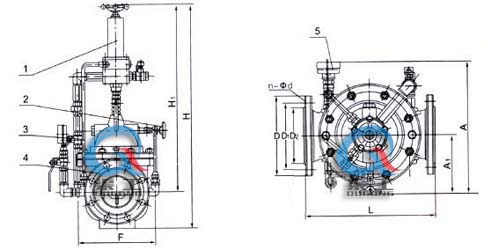 500X持壓泄壓閥 外形結構圖(1、導閥2、針閥3、球閥4、主閥5、壓力表)